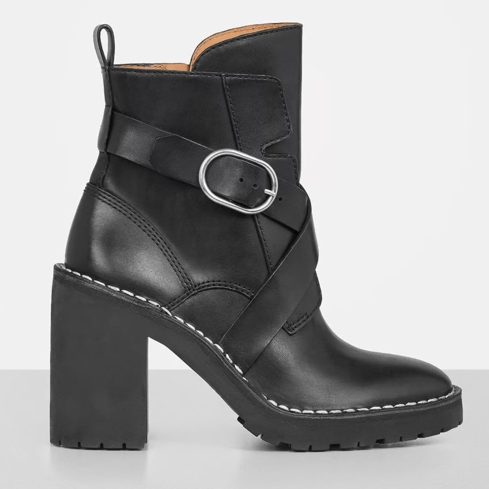AllSaints Black Leather Buckle Strap Chunky Heeled Ankle Boots